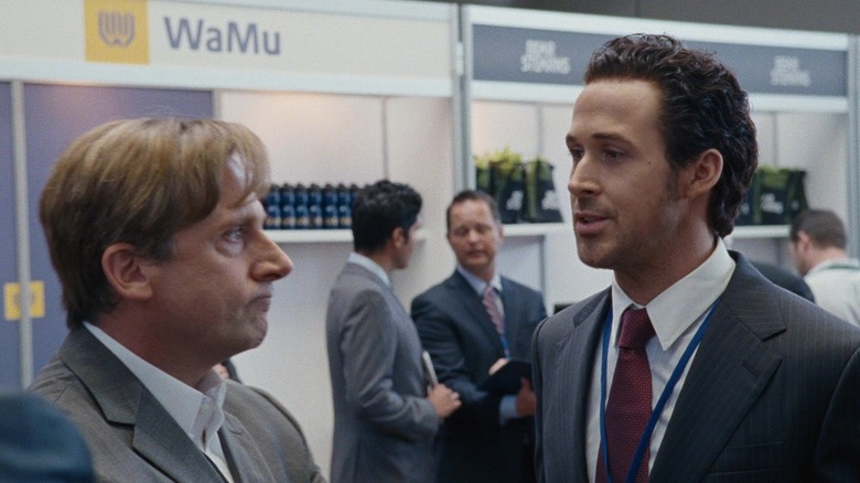 Steve Carell and Ryan Gosling as Mark Baum and Jared, meeting at a convention in The Big Short