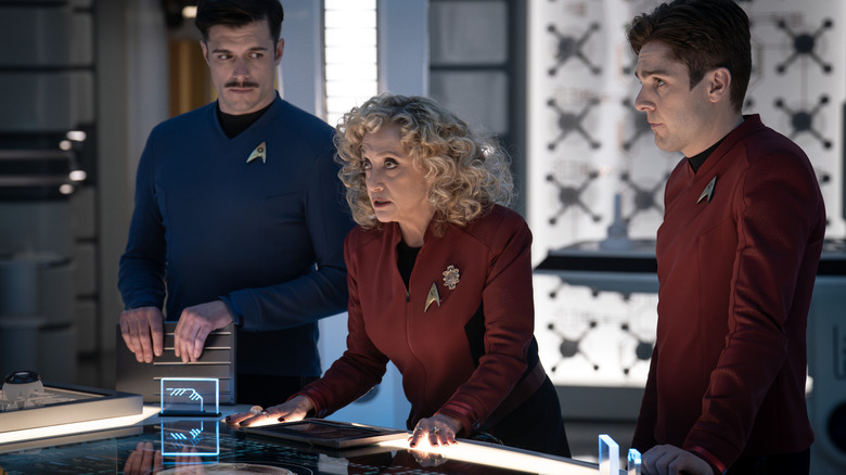 George Kirk, Pelia, and Scotty all in Engineering on Star Trek: Strange New Worlds